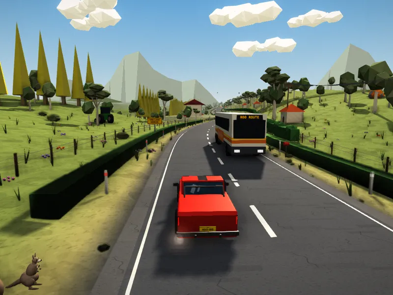 Tasmania: Emerald paddocks, a low-poly scene from Roo Road Rescue