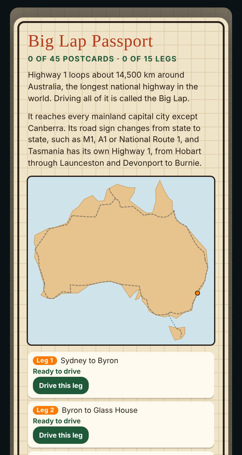 The Big Lap Passport screen with a map of Highway 1